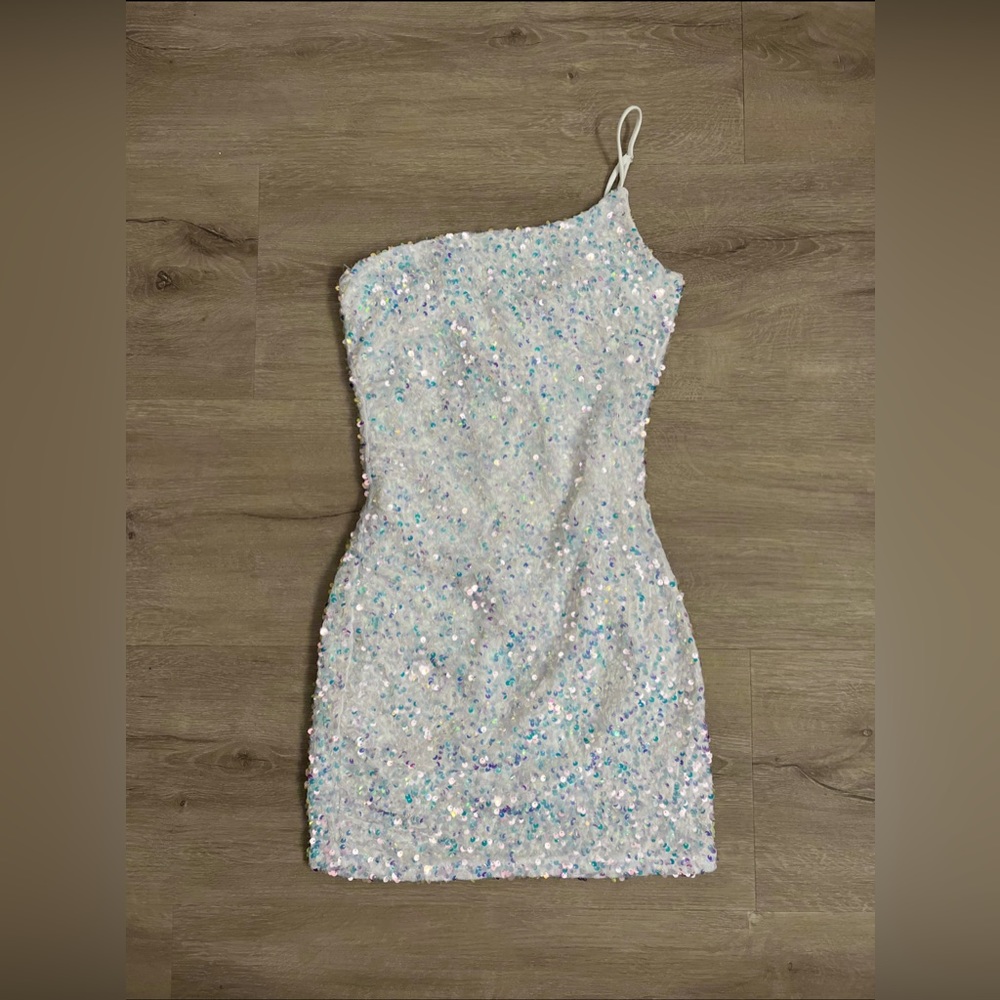 One Shoulder Sequin Dress in White